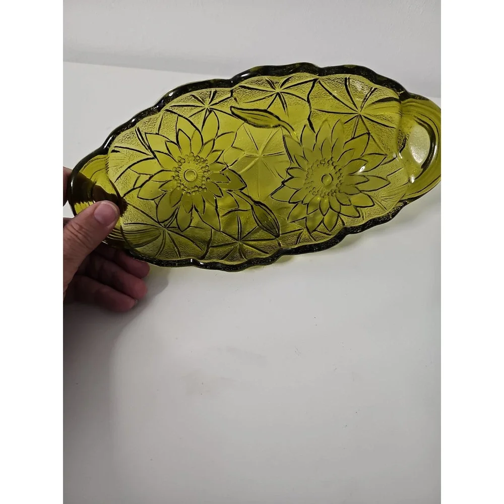 Vintage Indiana Glass Lily Pons Avocado Green Sunflower Oval Relish Tray Dish